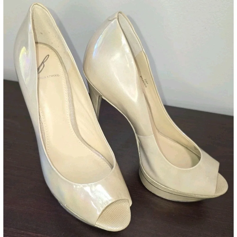 Brian Atwood Bambola Beige Patent Leather Peep Toe Platform Stilettos Heels Sz 7